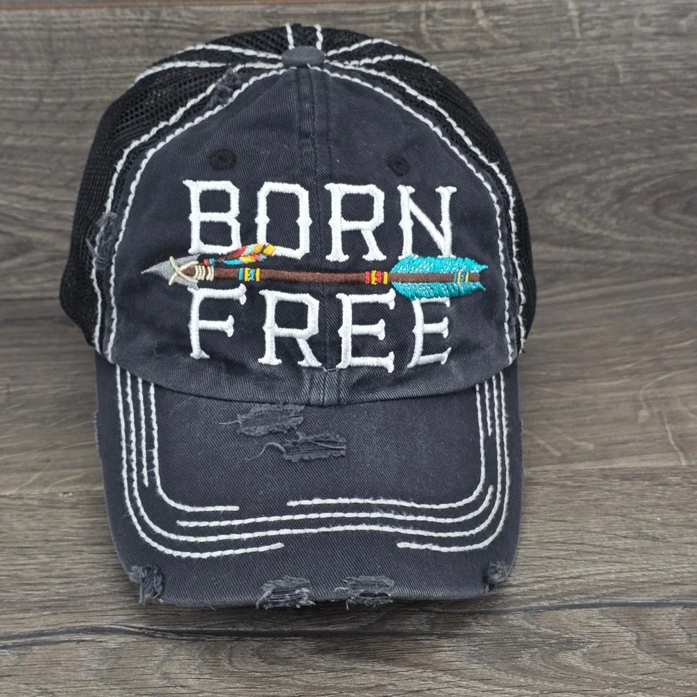 Born Free Hat KBETHOS Cap Womens Adjustable Strap Back Black Distressed Trucker